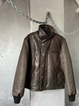 Vintage oversized real leather bomber jacket with padded sleeves brown