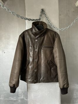 Vintage oversized real leather bomber jacket with padded sleeves brown