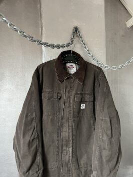 Vintage oversized lined workwear jacket with ribbed collar brown