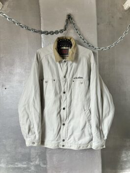 Vintage oversized lined workwear jacket with beige collar creme