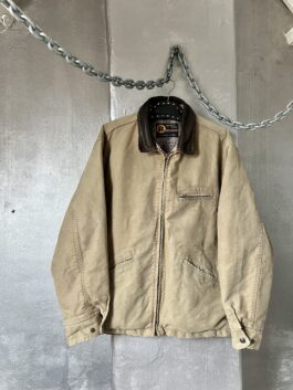 Vintage oversized padded workwear jacket with leather collar brown