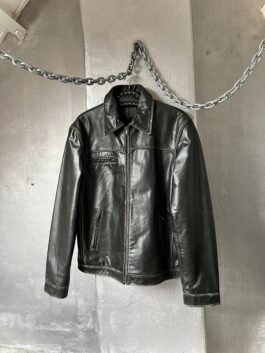 Vintage oversized real leather racing jacket washed dark brown