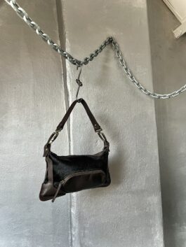 Vintage real leather handbag with cowhide brown black