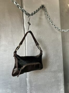 Vintage real leather handbag with cowhide brown black