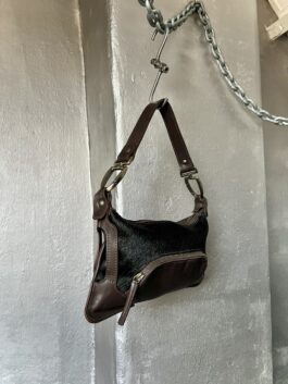 Vintage real leather handbag with cowhide brown black