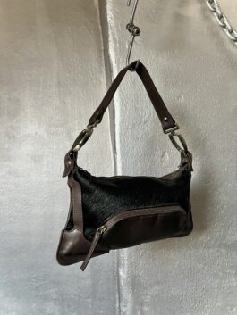 Vintage real leather handbag with cowhide brown black