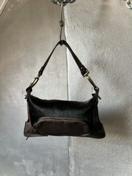 Vintage real leather handbag with cowhide brown black