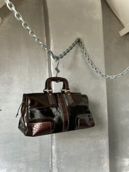 Vintage real leather large handbag with cowhide and gold hardware brown