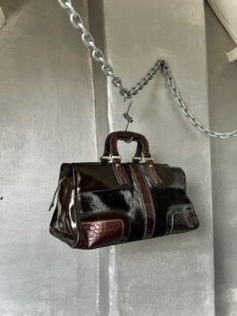 Vintage real leather large handbag with cowhide and gold hardware brown