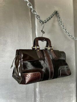 Vintage real leather large handbag with cowhide and gold hardware brown