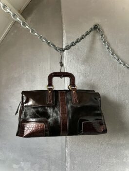 Vintage real leather large handbag with cowhide and gold hardware brown