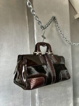 Vintage real leather large handbag with cowhide and gold hardware brown