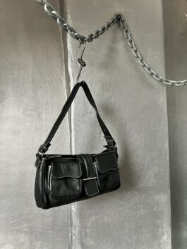 Vintage real leather shoulderbag with silver hardware black