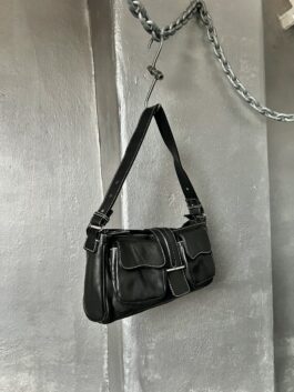 Vintage real leather shoulderbag with silver hardware black