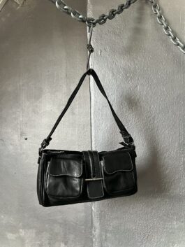 Vintage real leather shoulderbag with silver hardware black