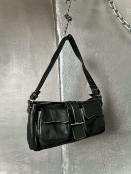 Vintage real leather shoulderbag with silver hardware black