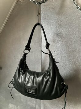 Vintage real leather large shoulderbag with silver hardware black