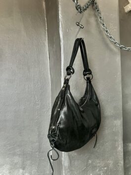 Vintage real leather large shoulderbag with silver hardware black