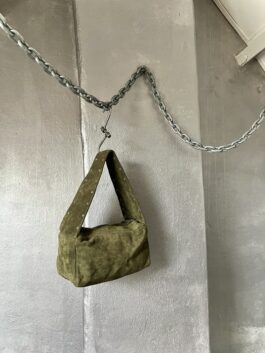 Vintage real leather suede shoulderbag with silver studs khaki