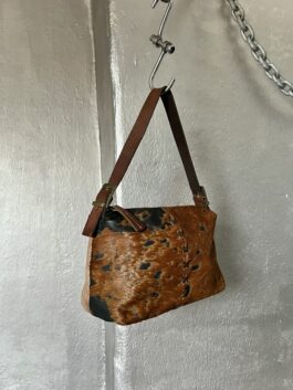 Vintage real leather handbag with cowhide brown black