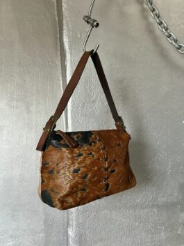 Vintage real leather handbag with cowhide brown black