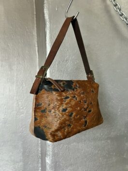 Vintage real leather handbag with cowhide brown black