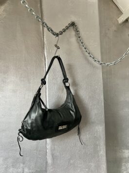 Vintage real leather large shoulderbag with silver hardware black