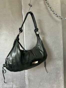 Vintage real leather large shoulderbag with silver hardware black