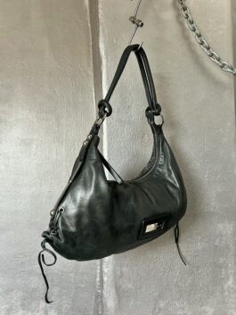 Vintage real leather large shoulderbag with silver hardware black