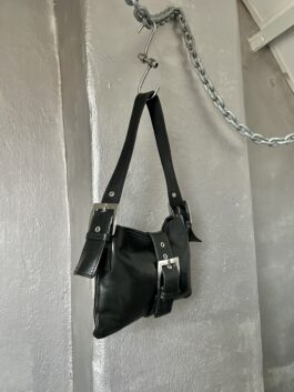 Vintage real leather shoulderbag with buckle strap black