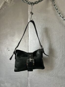 Vintage real leather shoulderbag with buckle strap black