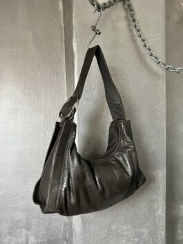 Vintage real leather large shoulderbag with buckle strap brown