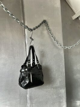 Vintage real leather small handbag with silver hardware black