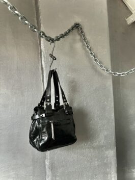 Vintage real leather small handbag with silver hardware black