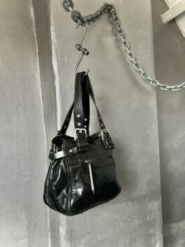 Vintage real leather small handbag with silver hardware black