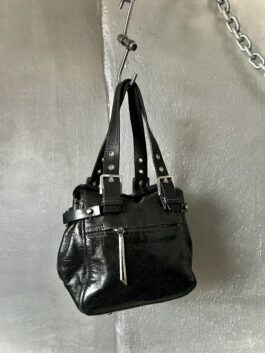 Vintage real leather small handbag with silver hardware black