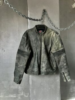 Vintage oversized real leather racing motor jacket washed grey