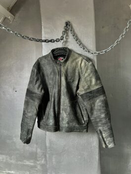 Vintage oversized real leather racing motor jacket washed grey