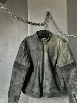 Vintage oversized real leather racing motor jacket washed grey