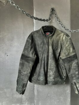 Vintage oversized real leather racing motor jacket washed grey