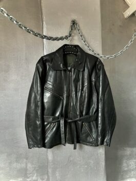 Vintage oversized real leather belted biker jacket black