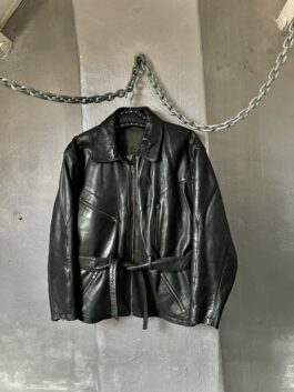 Vintage oversized real leather belted biker jacket black