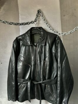 Vintage oversized real leather belted biker jacket black