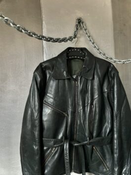 Vintage oversized real leather belted biker jacket black