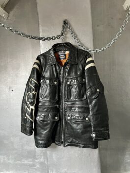 Vintage oversized real leather racing jacket black creme