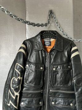 Vintage oversized real leather racing jacket black creme