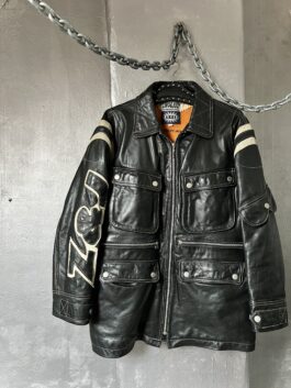 Vintage oversized real leather racing jacket black creme