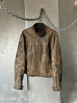 Vintage oversized real leather racing motor jacket washed brown