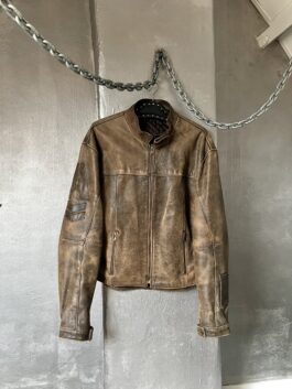 Vintage oversized real leather racing motor jacket washed brown