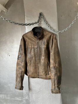 Vintage oversized real leather racing motor jacket washed brown